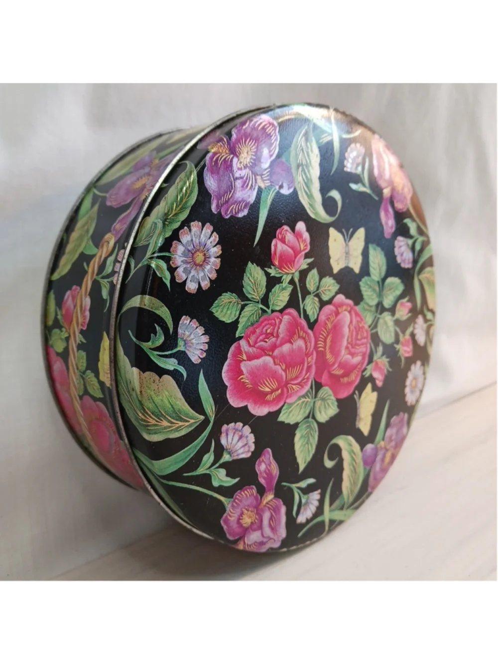 VTG Floral Rose Butterfly Iris Round Black Tin Cookies Trinkets COTTAGECORE
